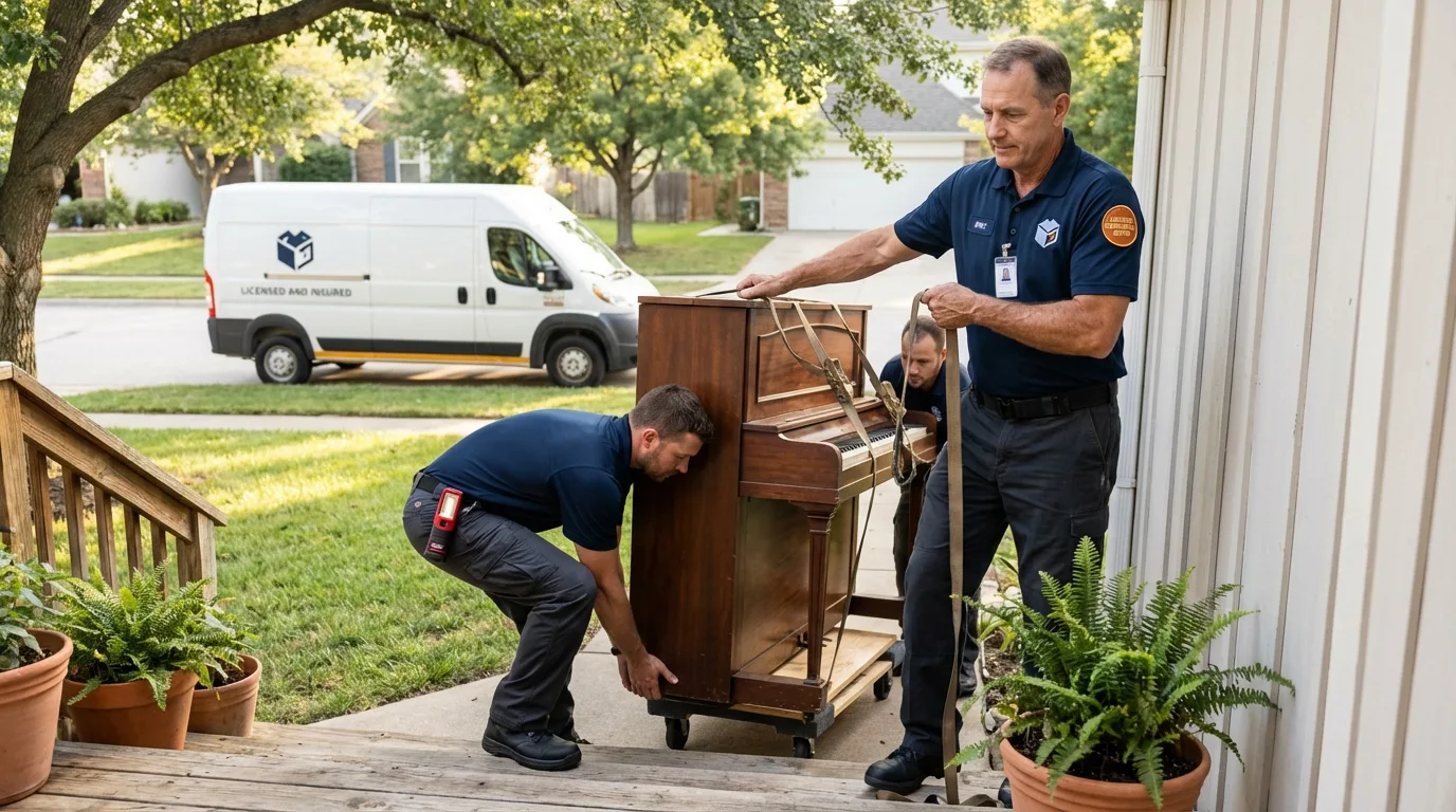 Licensed piano movers securing grand piano in Langley, WA