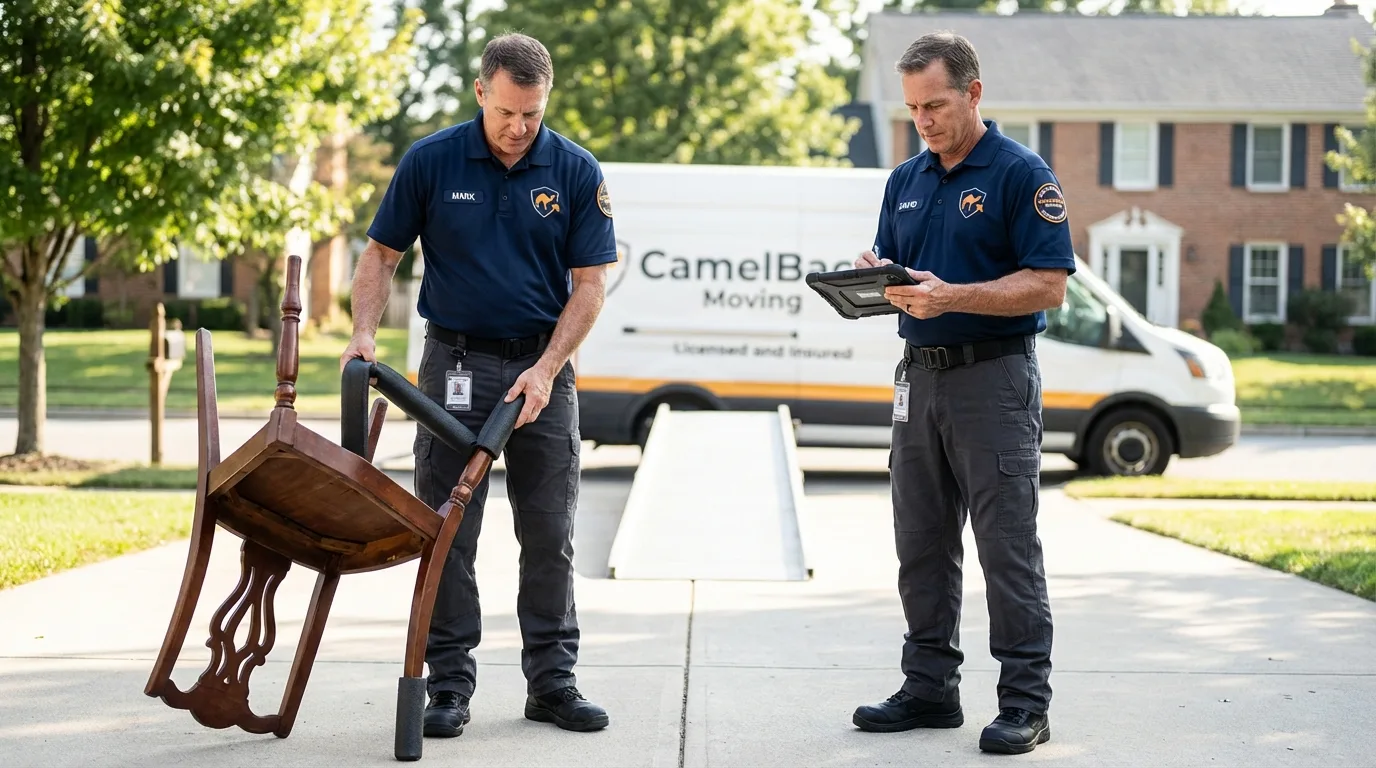 Movers inspecting furniture for damage prevention before loading in Langley, WA